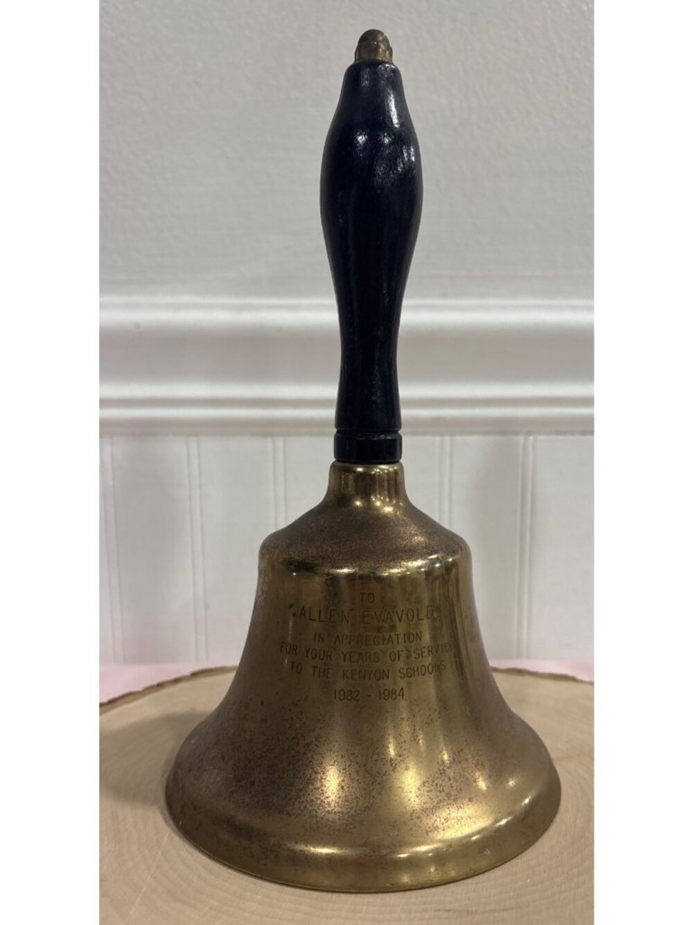 Vintage Brass Hand Bell 8” Wooden Handle Engraved Decor School Bell